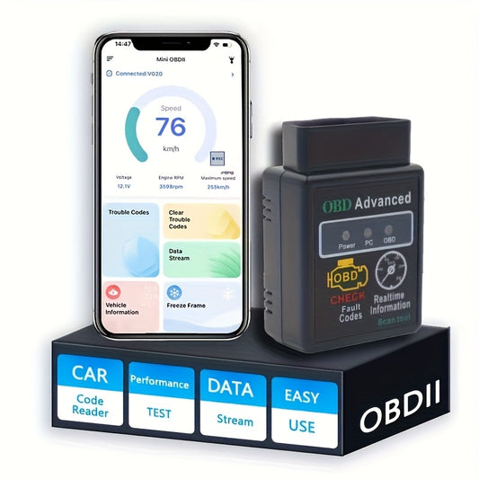 OBD2 scanner, car fault detector, advanced diagnostic car code reader, compatible with iOS and Android, used for engine fault codes and performance monitoring.
