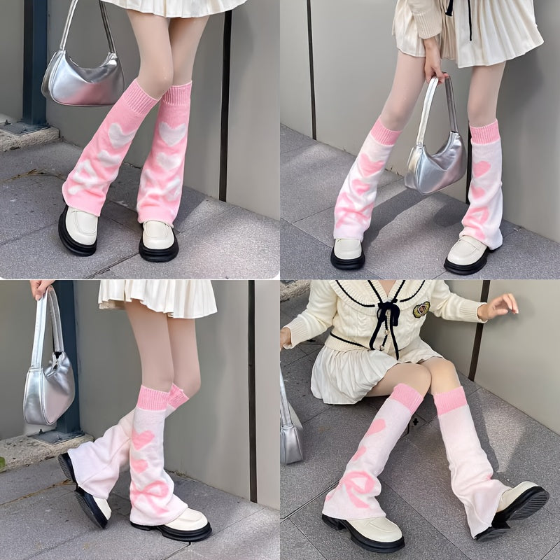 [Punk Knee Socks] Reversible Y2K Punk Gothic Knee High Socks | Lolita Style Heart Pattern, Warm Acrylic Knit Fabric, Women's Autumn Winter Knee Warmers, 90% Acrylic 10% Polyester