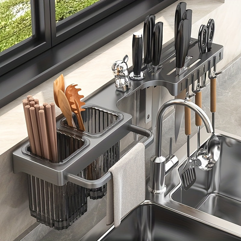 Made of Durable Plastic, Foldable Rotating Knife Rack Wall-Mounted - Space-Saving Kitchen Organizer Suitable for Modern Home or Commercial Use, Kitchen Accessories with Towel Bar and Drain Cup