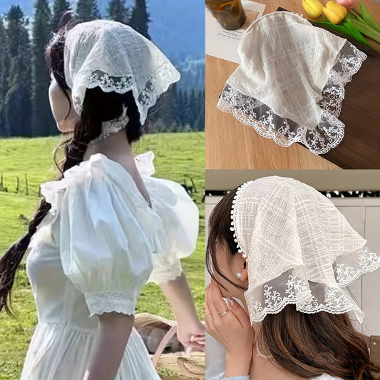 Elegant Lace Knit Triangle Headband - Women'S Stylish Sun Protection Headband, Cute & Sweet Style, Summer, Pastoral Triangle Scarf Hair Accessory, Sun Protection Headgear | Lace Knit Headband | Delicate Lace Detail, Headband
