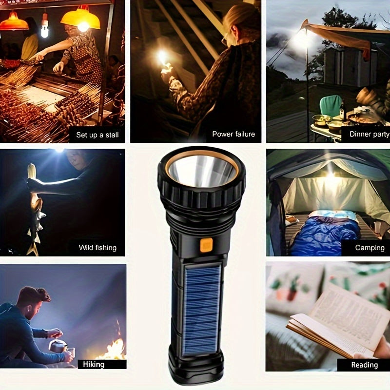 rechargeable solar flashlight with COB side light, USB rechargeable, multifunctional, 3 modes, perfect for outdoor exploration, camping, hiking, home safety, and emergency situations (including battery)