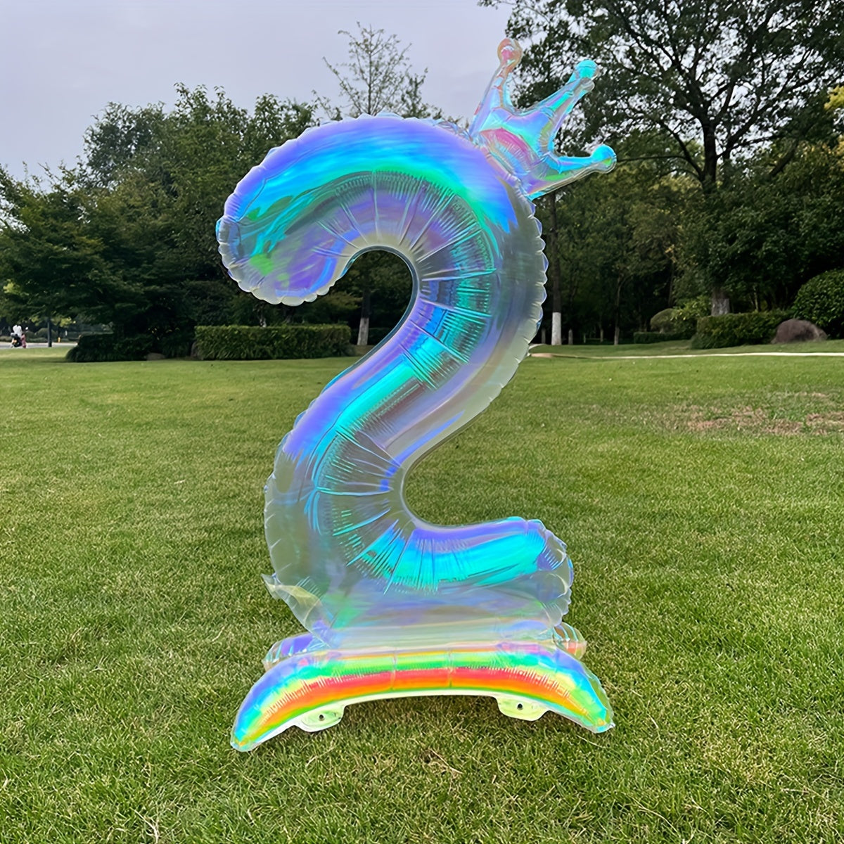 A Large 40-Inch New Transparent Rainbow Crown-Shaped Balloon with a Base, Suitable for Birthday Party Decorations, Spring Party Decorations, Ocean-Themed Parties, Anniversaries, Valentine'S Day Room And Outdoor Decorations, C