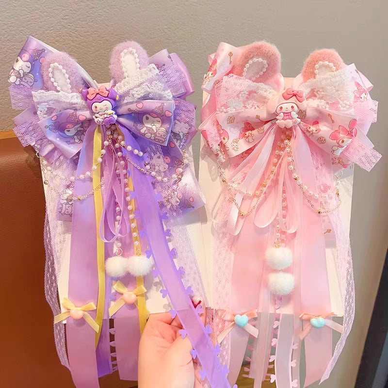 Sanrio Pink Bow Hair Clip with Long Ribbons, My Melody Princess Hair Accessory