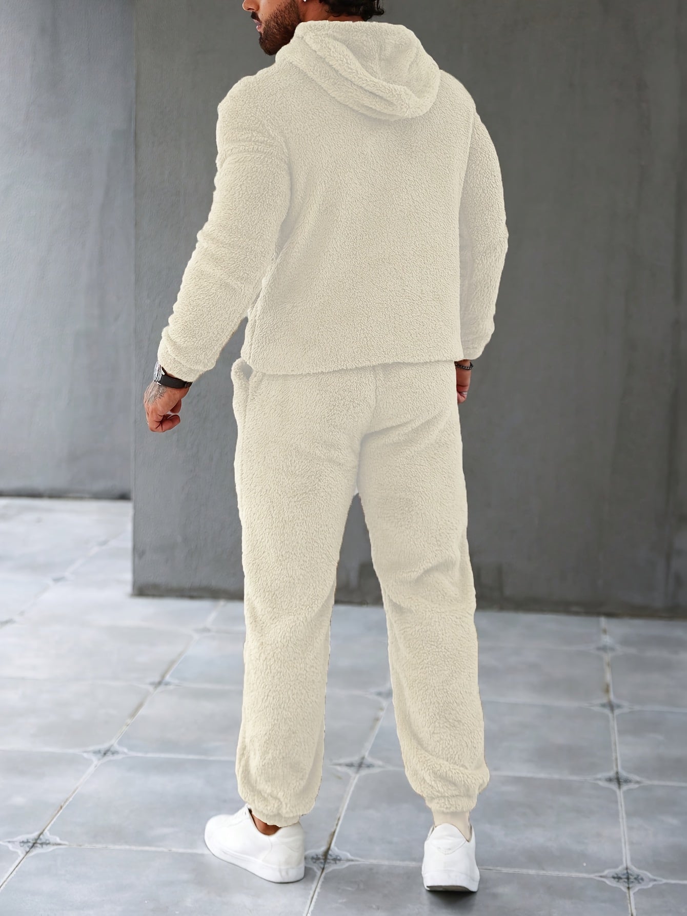 2Pcs Men's Fuzzy Fleece Casual Hoodies Long Sleeve Hooded Sweatshirt And Sweatpants Joggers Set For Winter Fall