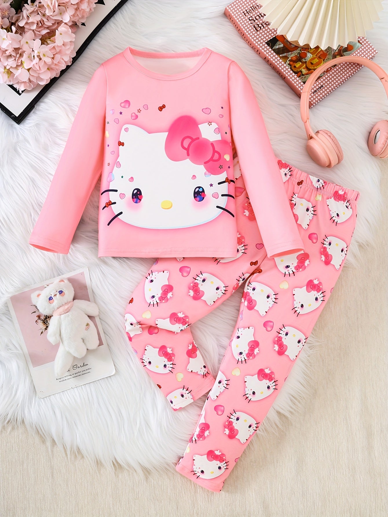 Sanrio for hello kitty Girls' Pajama Set - Cute Cartoon Print Long Sleeve Top & Full Print Slim Fit Pants, Soft Stretchy Fabric, Round Neck, Spring/Fall Gift for Kids, for Hello Kitty Pajamas, Kids Sleepwear, Playful Kids Att