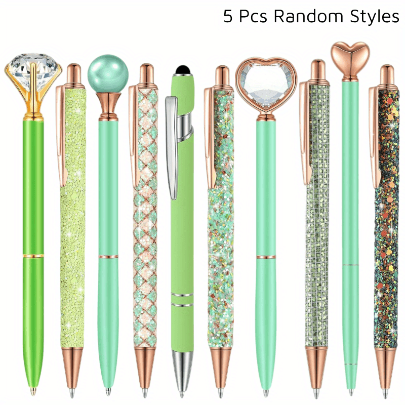 [5pcs Crystal Pens] 5pcs Metal Ballpoint Pens Set, Crystal Diamond Pen for Journaling | Glitter Stationery, Black Fancy Gifts for Teacher Office Wedding Back to School Christmas Graduation Supplies