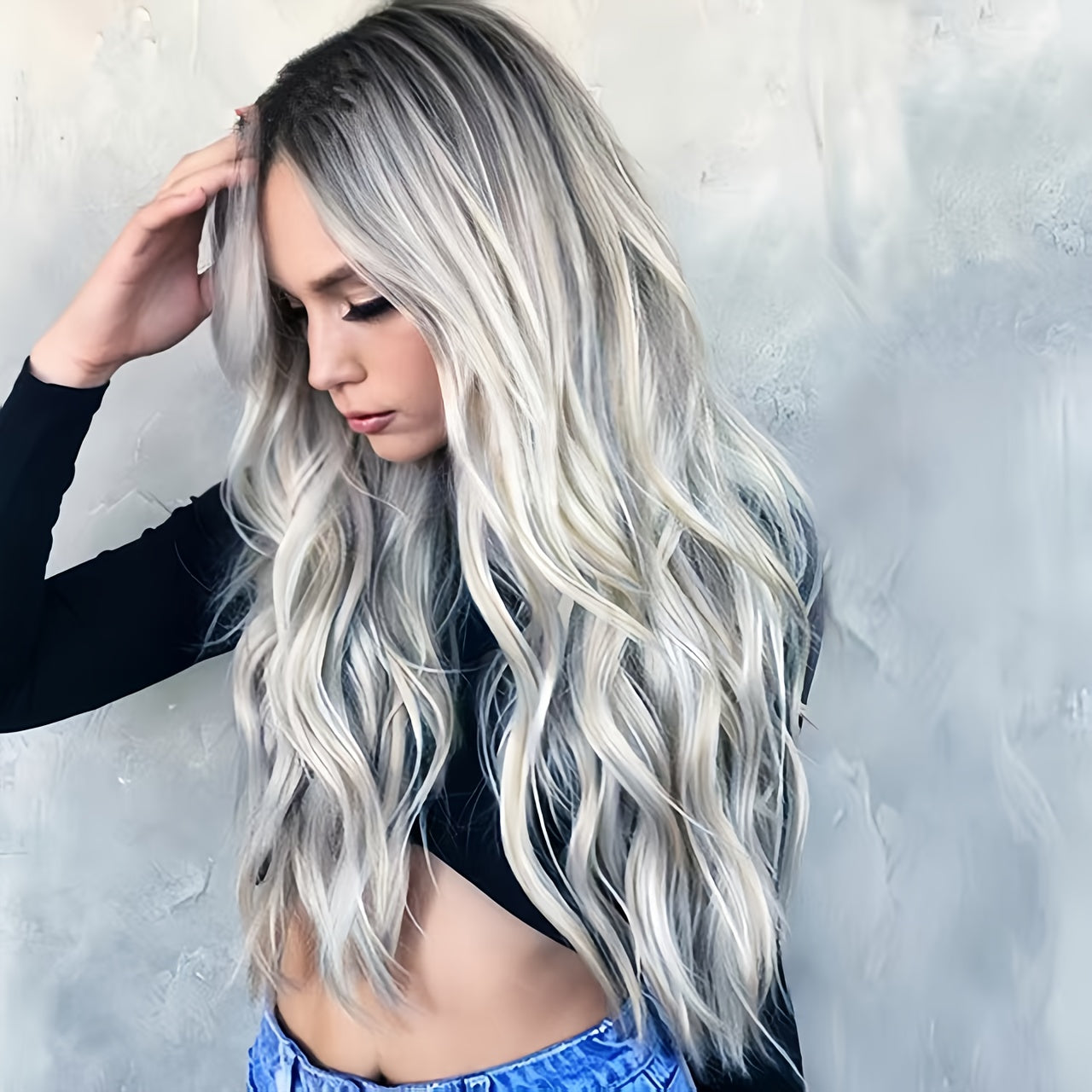 's & 's Black Gray Blonde Ombre Wavy Hair Wig.
