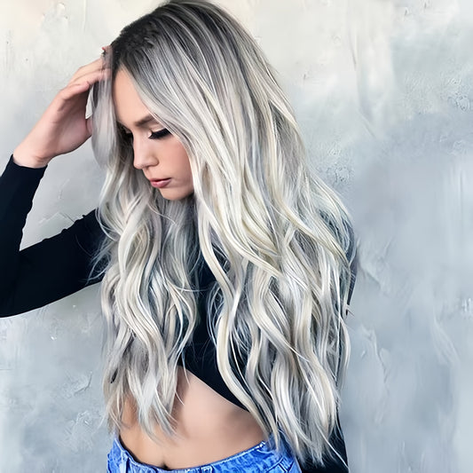 's & 's Black Gray Blonde Ombre Wavy Hair Wig.