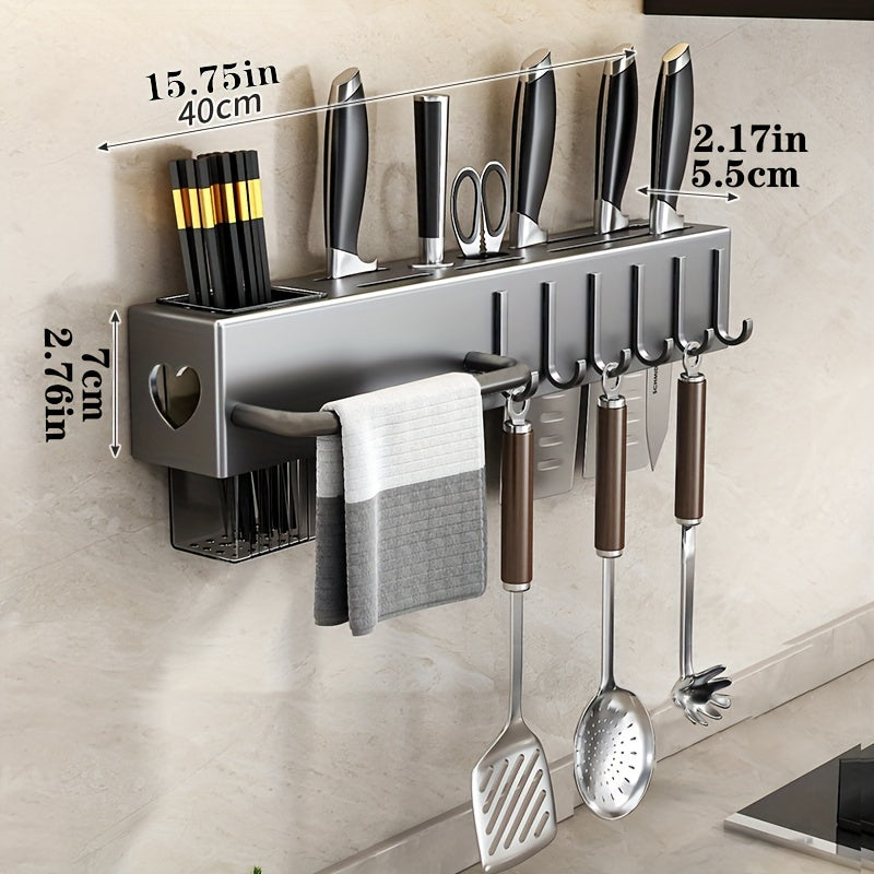 Space-Saving 1pc Multi-functional Metal and Plastic Wall-Mounted Kitchen Utensil Rack, No-Drill Cutlery Storage Shelf, Easy to Install Kitchen Organizer for Kitchen Tools and Accessories