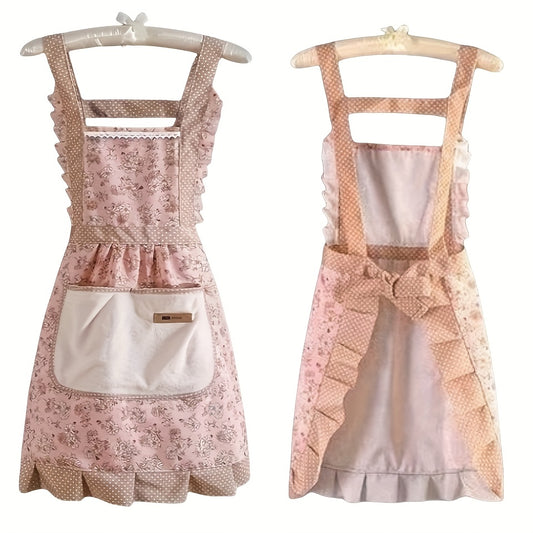 1pc Apron, Floral Print Princess Apron, for Lotus Leaf Lace Decoration, Garden Gardening Workwear Apron, Women's Apron, Kitchen Apron