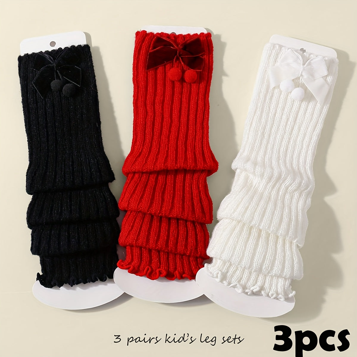 3 Pairs Girls' Polyester Knitted Leg Warmers with Bowknot