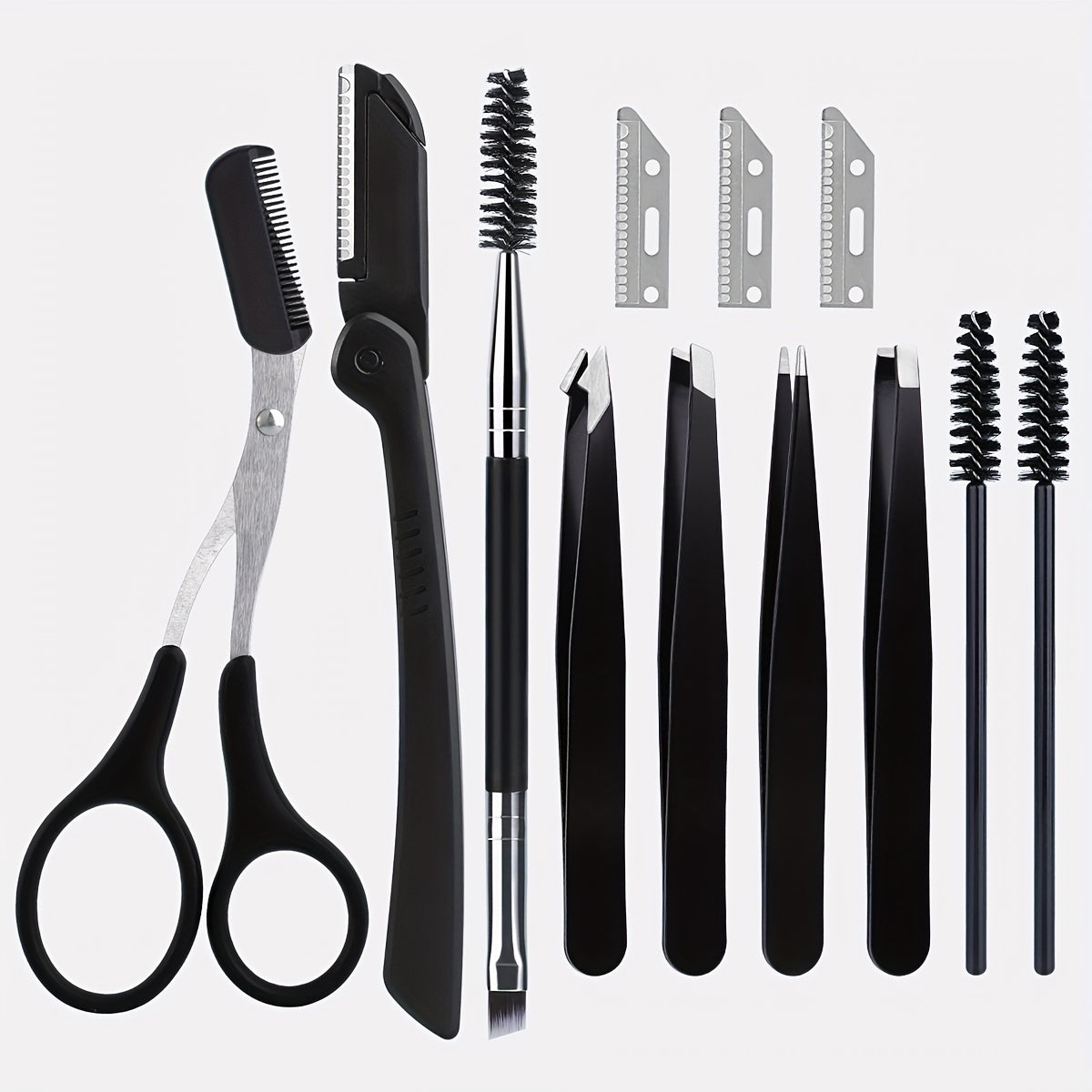 8/9/12pcs Stainless Steel Eyebrow Grooming Kit, Portable Black Set for Women and Men, Includes Eyebrow Brush, Razors, Comb, Scissors, Folding Razor, Trimmer, Tweezers with Comb, Lash Separator, No Electricity Needed