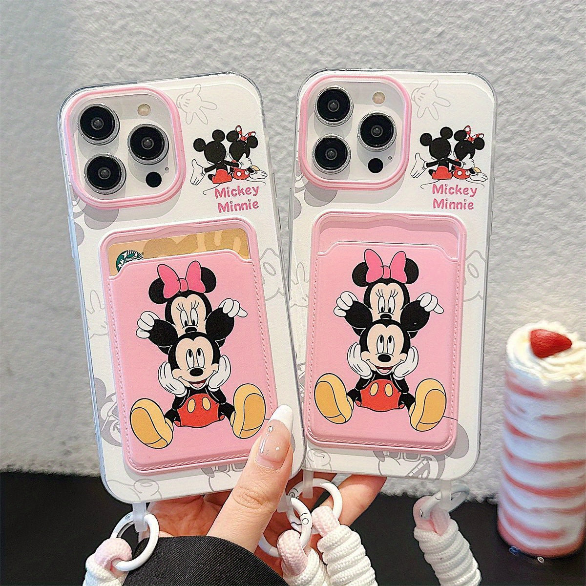 Disney Series Mobile Phone Case, Mickey Minnie Compatible with iPhone16 16promax 13 14 15 15pro 15promax 16pro XSMAX XR 7/8/mini13/mini12 Card Holder, Card Bag, with Lanyard This soft protective case provides full body protec