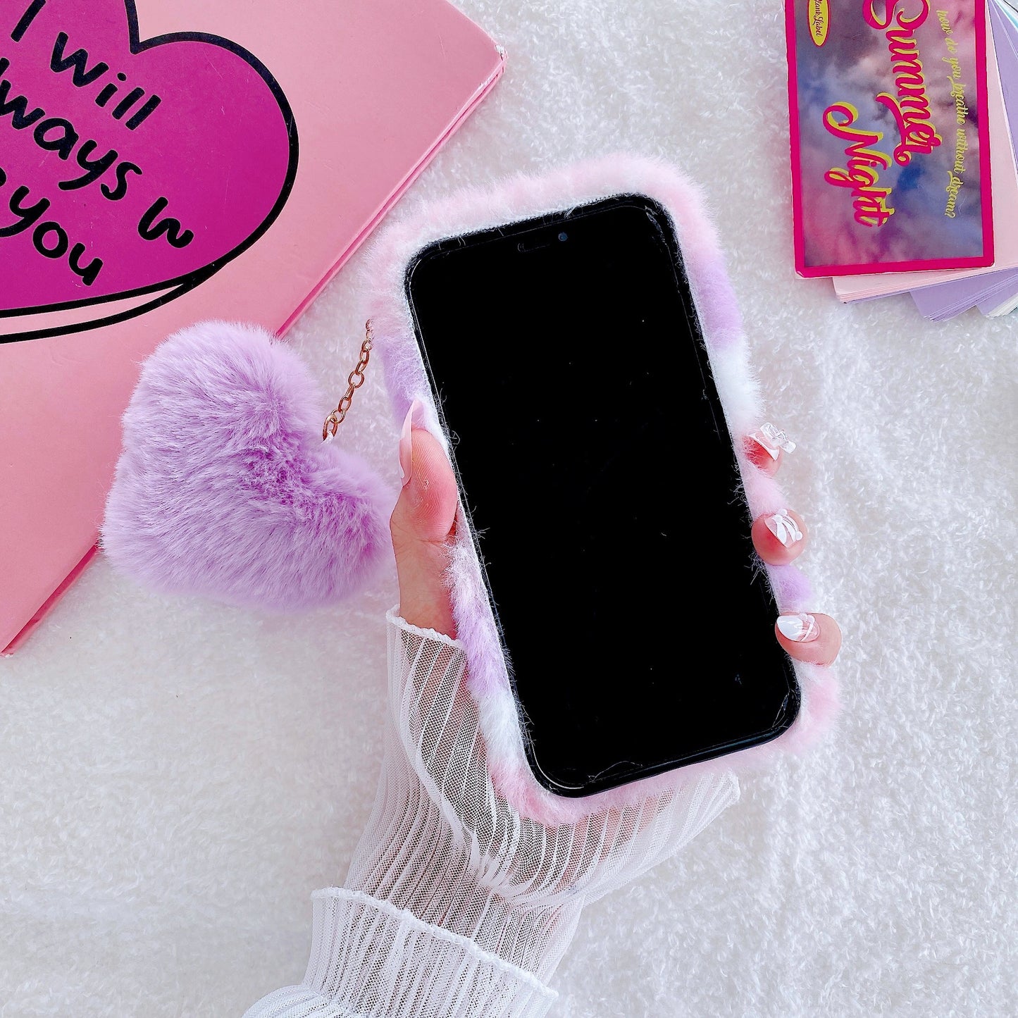 Plush Phone Case with a Purple Heart Pendant