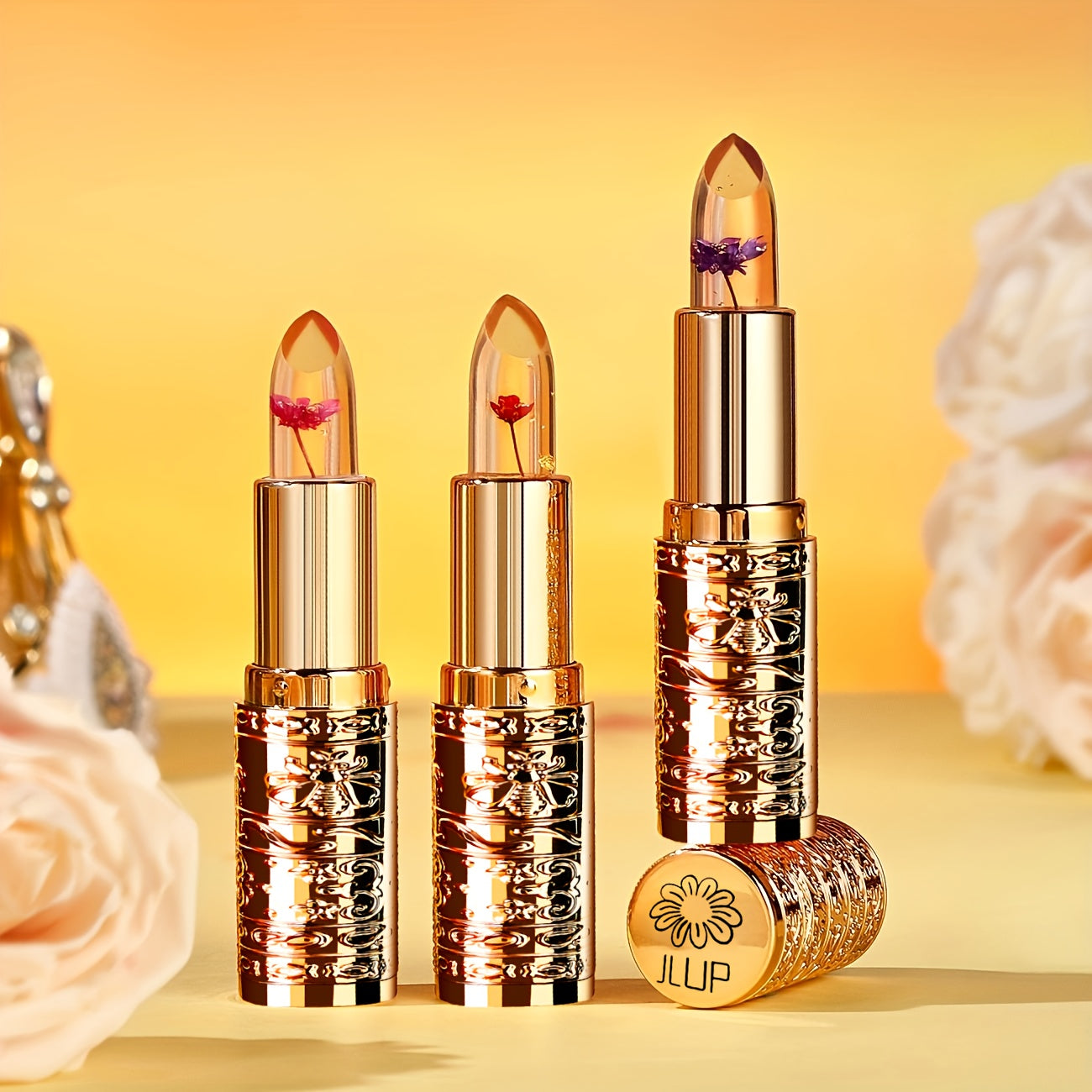 3pcs flower shaped crystal gel lipstick - warm color changing, moisturizing and non mucous membrane, 3 colors, moisturizing and non fading lip gloss