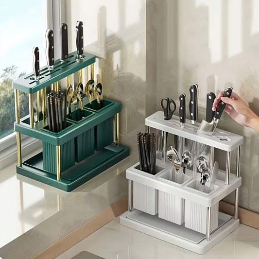 1pc Multi-Functional Kitchen Utensil Organizer - Space-Saving Plastic Storage Rack for Knives, Forks, Spoons, and Chopsticks with Green and White Compartments, Ideal for Countertop Organization, Cooking Utensils