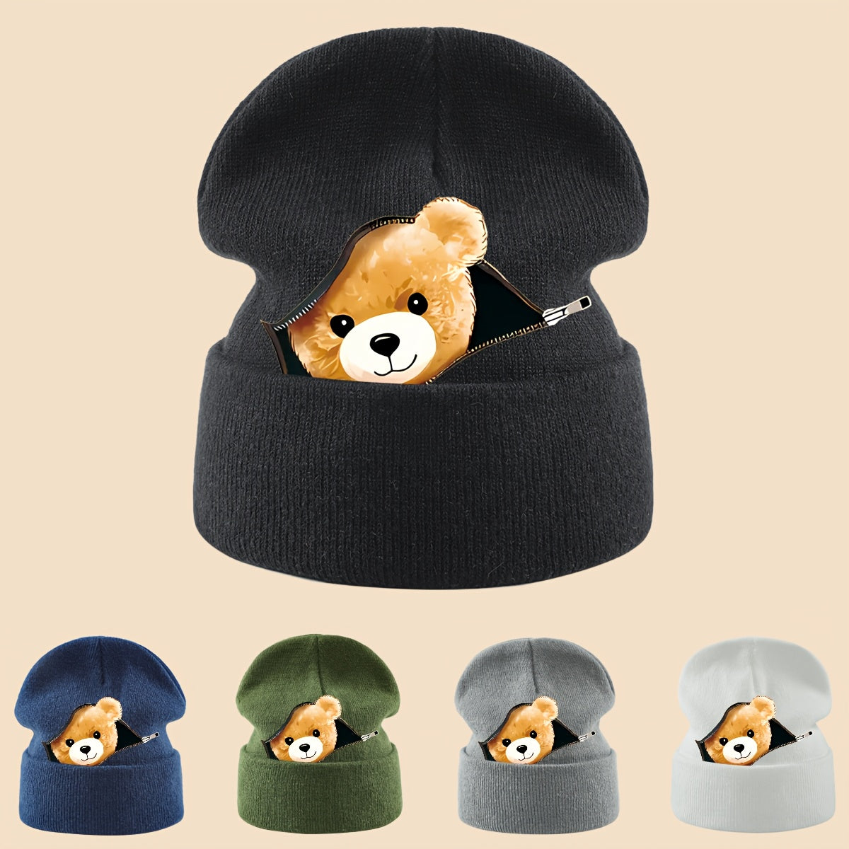 1pc Warm Skull with Zipper Bear Print, Unisex Loose-Fit Beanie for Men and Women - Cozy Fall/Winter Cold Weather Protection, Versatile Casual Hat for Commuting, Travel & Holiday Gifts, Fashionable Headwear, Perfect For Outdoo