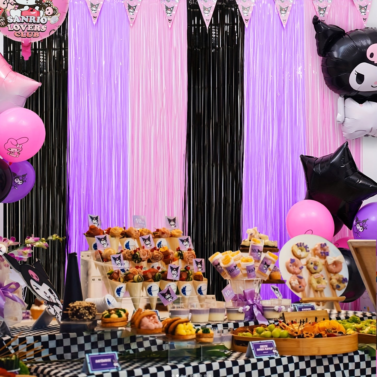Kuromi Birthday Party Decorations, 1/2/4pcs Kuromi Party Photo Booth Props, Hot Pink Teal Pink Fringed Background with Tinsel Photo Streamers for Kuromi Birthday Party Supplies