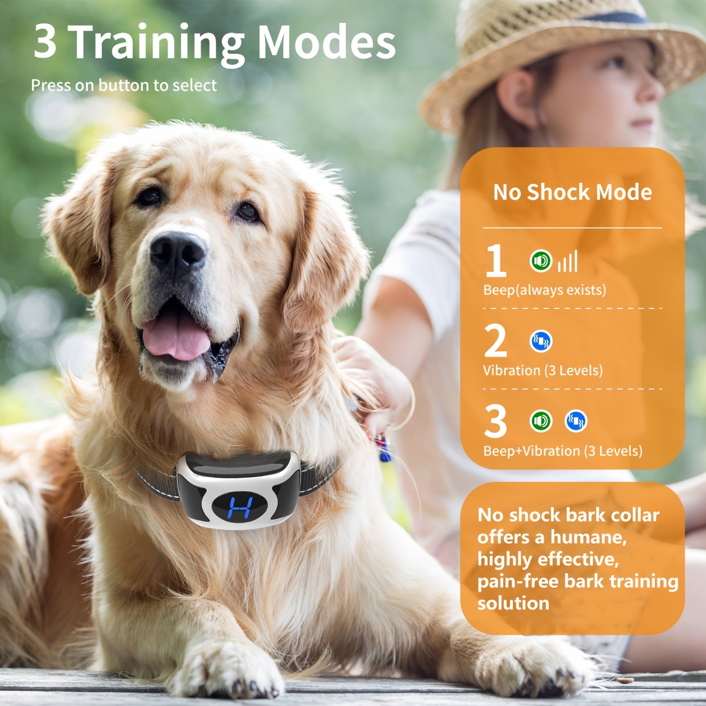 Dog Bark Collar - Rechargeable Smart Anti Barking Collar for Dogs - No Shock Bark Collar for Medium/Large Dogs - Anti Bark Collar for Dogs with 3 Sensitivity Levels