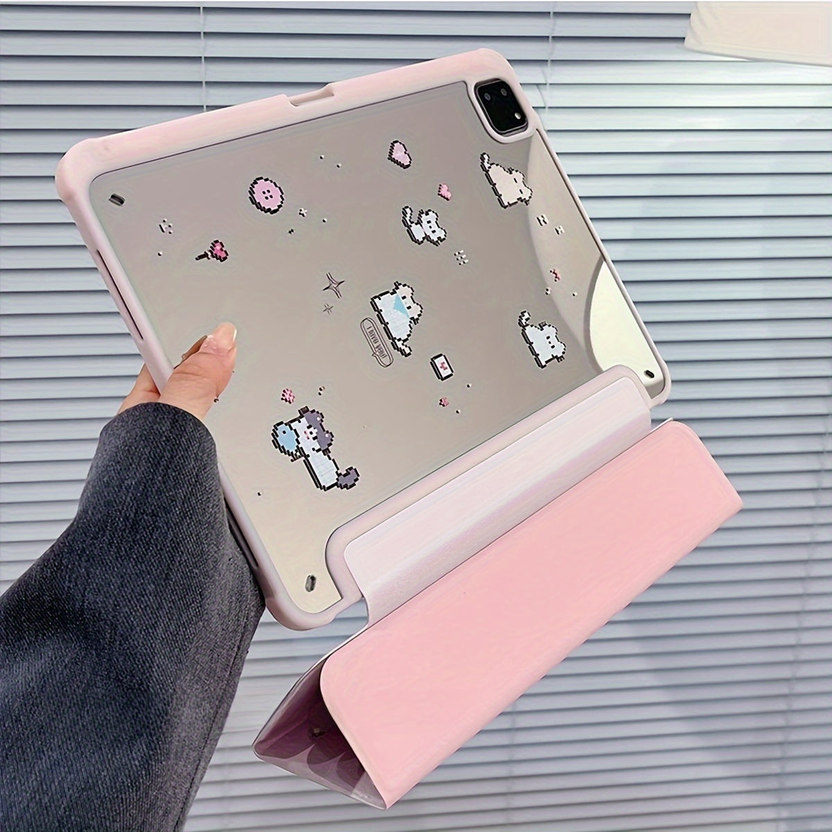 Electroplated Mirror Pink Pixel Small Animal Two-in-one Three-fold Tablet Stand Suitable for iPad Protective Case 10.2/Air4/Air5/Pro11/10th/10.9/9.7
