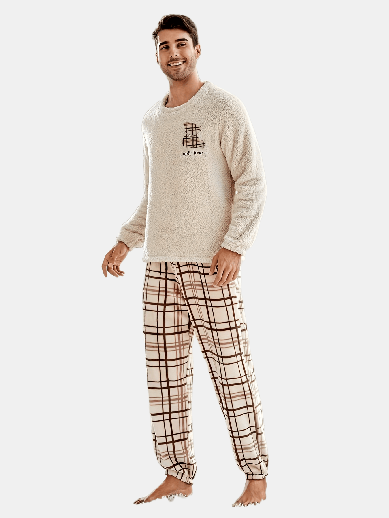 Checkered Pattern Couple Style Autumn Winter Plush Set, Long Sleeve and Pants for Men or Women.