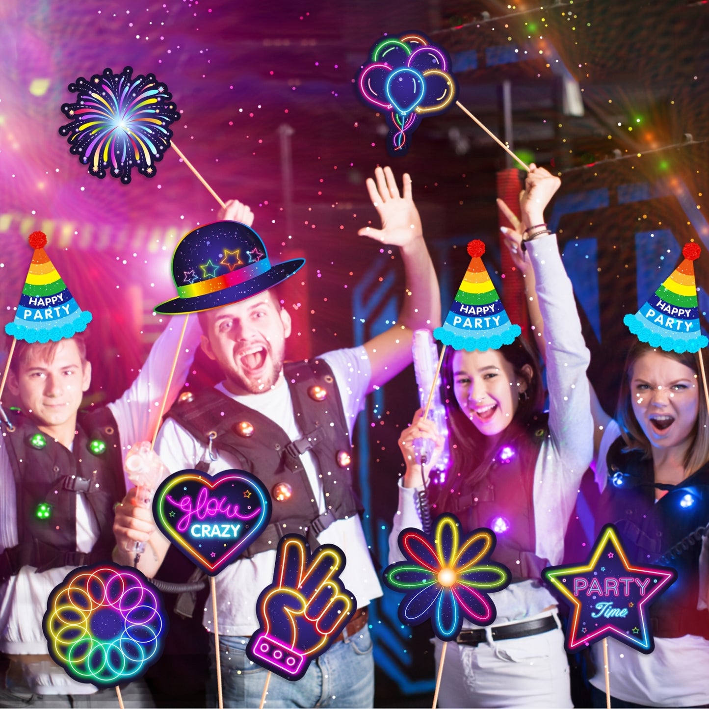 [25pcs Luminous Props] 25pcs Luminous Party Photo Booth Props | Vibrant Birthday Party Decorations, Carnival Party Decorations, Celebration Essentials, Paper Party Props