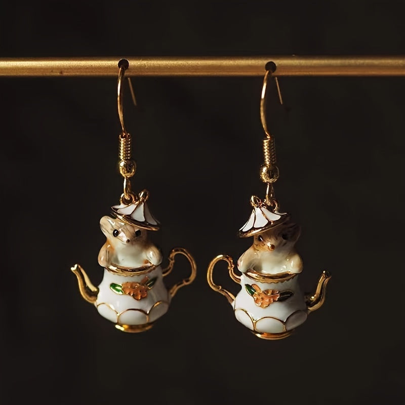 Pair of Whimsical Teapot & Mouse Enamel Dangle Earrings - Elegant Vintage-Inspired Zinc Alloy, Golden-Tone Finish for Casual Attire, Quirky Earrings