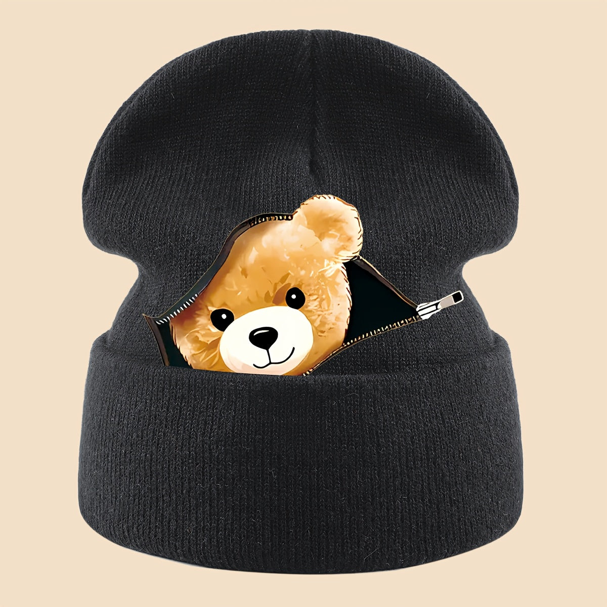 1pc Warm Skull with Zipper Bear Print, Unisex Loose-Fit Beanie for Men and Women - Cozy Fall/Winter Cold Weather Protection, Versatile Casual Hat for Commuting, Travel & Holiday Gifts, Fashionable Headwear, Perfect For Outdoo