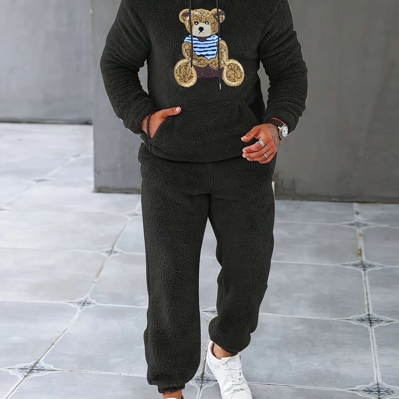 2Pcs Men's Fuzzy Fleece Casual Hoodies Long Sleeve Hooded Sweatshirt And Sweatpants Joggers Set For Winter Fall