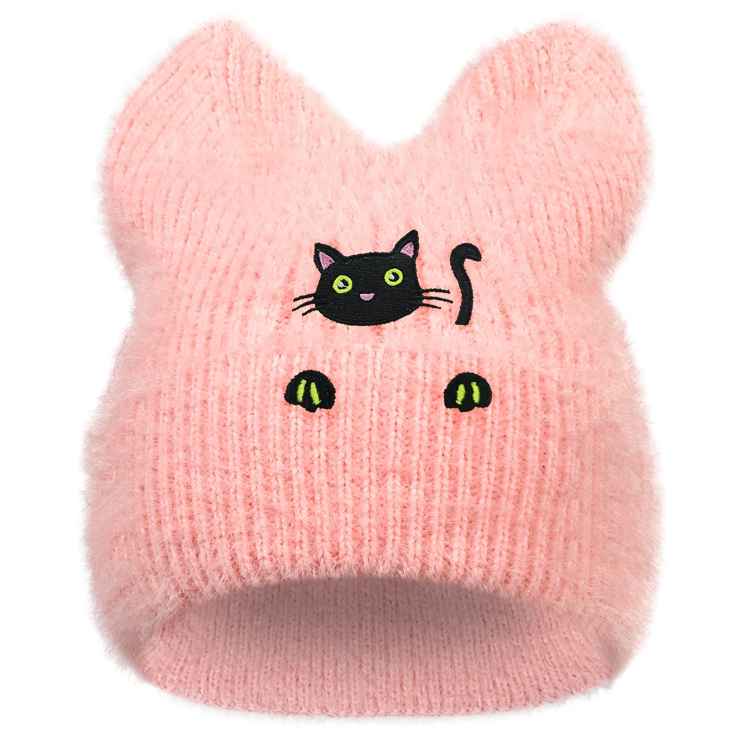 Black Cat Winter Knit Skull Cap with Cat Ears