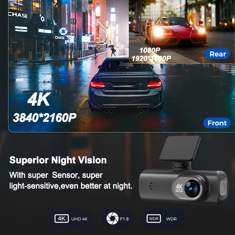 Mini 4K Dash Cam, Dual Lens, WiFi, 64GB