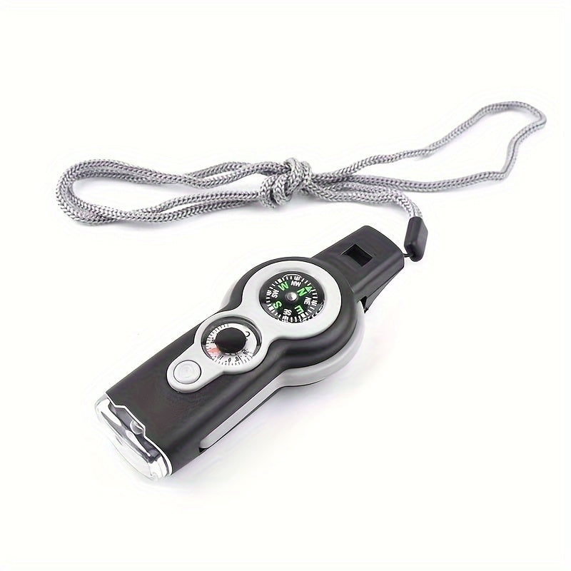 7-in-1 Survival Whistle with Compass, Magnifying Glass, Thermometer, and Emergency Functionality – Durable ABS Material, Black & Orange Design, Perfect for Outdoor Adventures