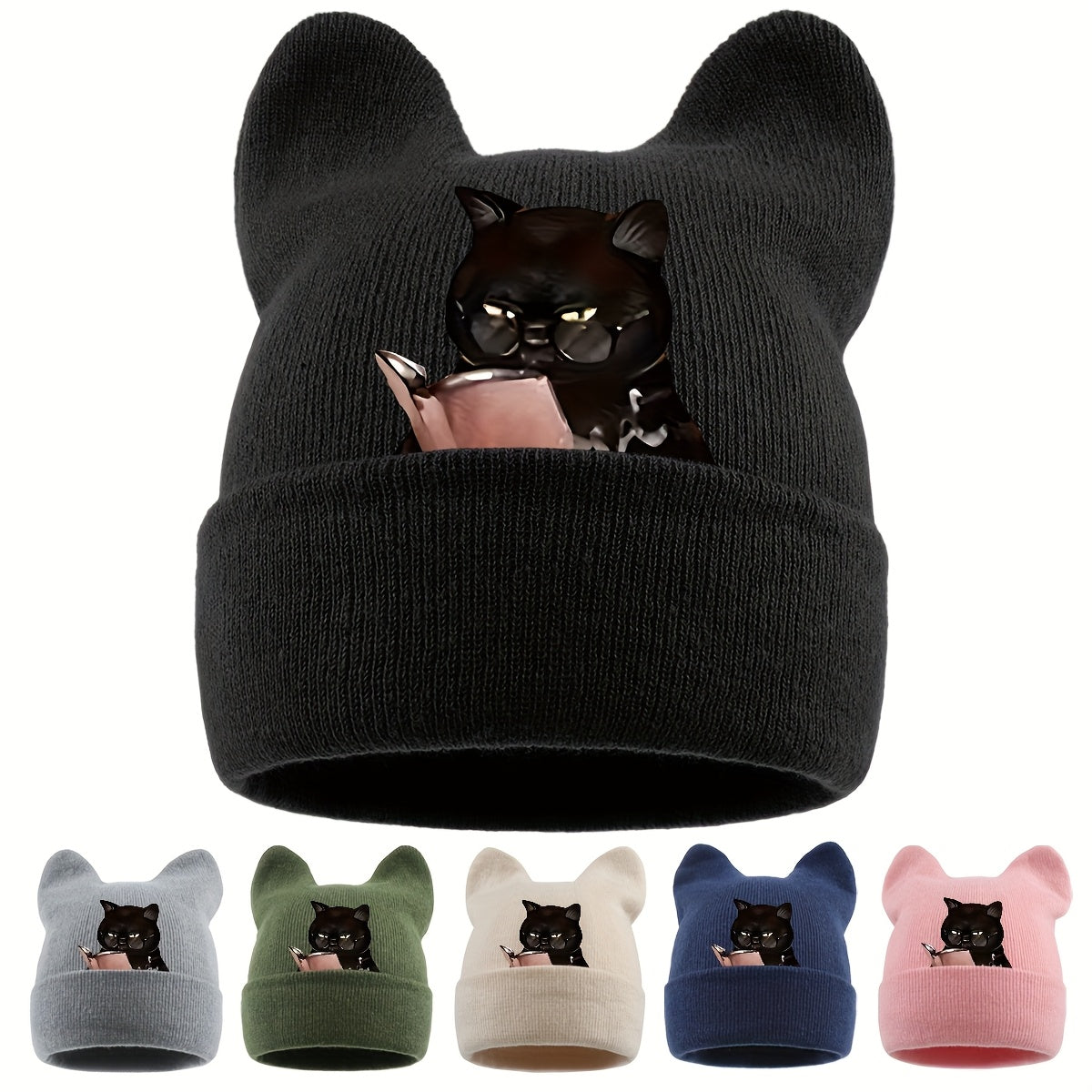 1pc Cute Black & White Cat Ear Beanie Hat with Book-Loving Siamese Cat Face