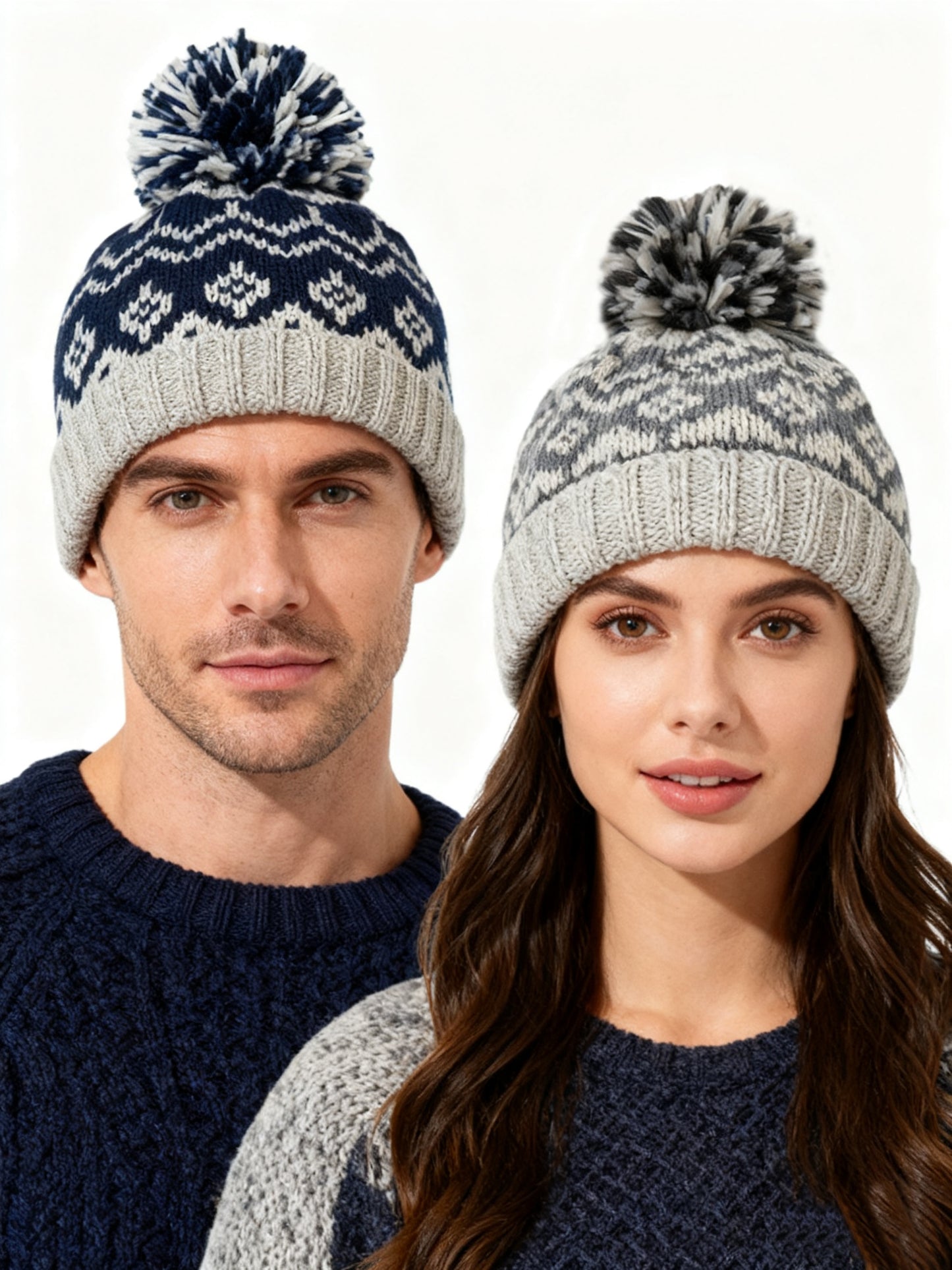 2-Pack Nordic Knit Beanie Hats with Pom-Poms