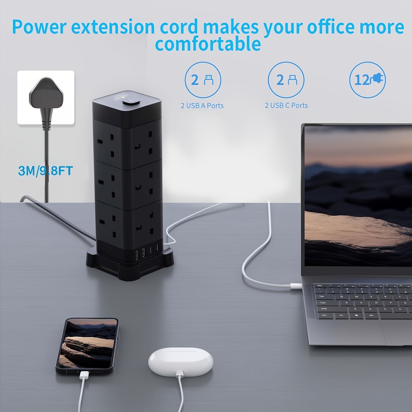 16-in-1 UK Power Strip Tower with USB