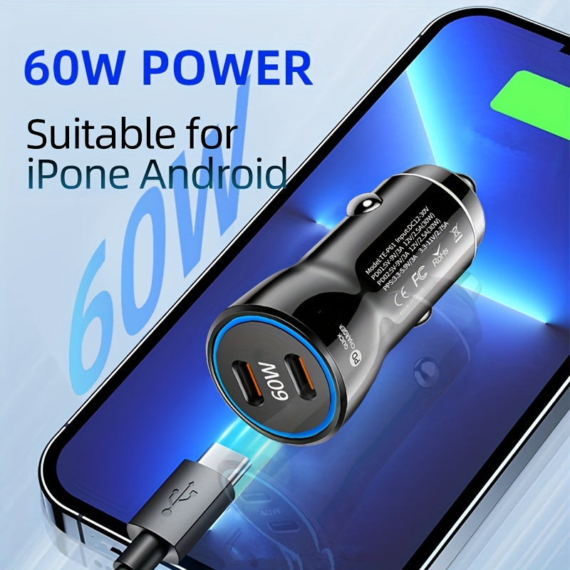 60W USB C Car Charger, USB-C Adapter Fast Charging Dual Port PD3.0 Type C Power Plug Compatible with iPhone16 15 14 13 12 11 Pro Max XR Samsung S23/22/21 Google Pixel 7 (Black/White)