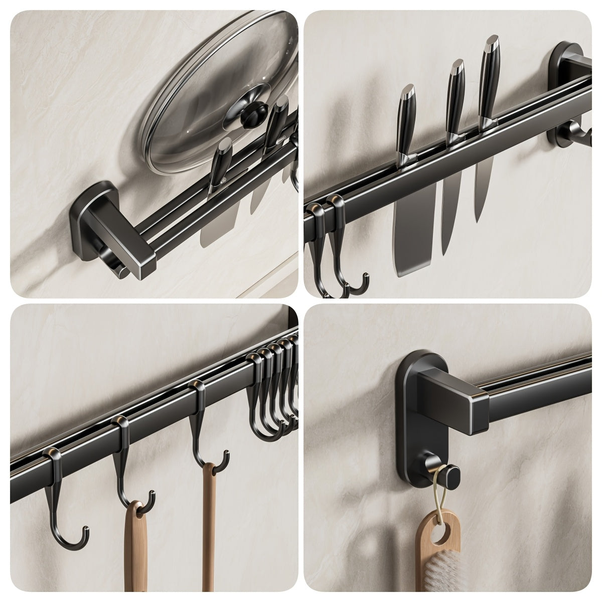 Plastic Kitchen Utensil Storage Rack with 6/8/10 Active Hooks - Wall-mounted Storage Rack for Tableware, Knives, and Pot Lids, with Drainage Hooks, Easy to Install, Suitable for Hanging Storage of Cooking Tools and Towel Rack