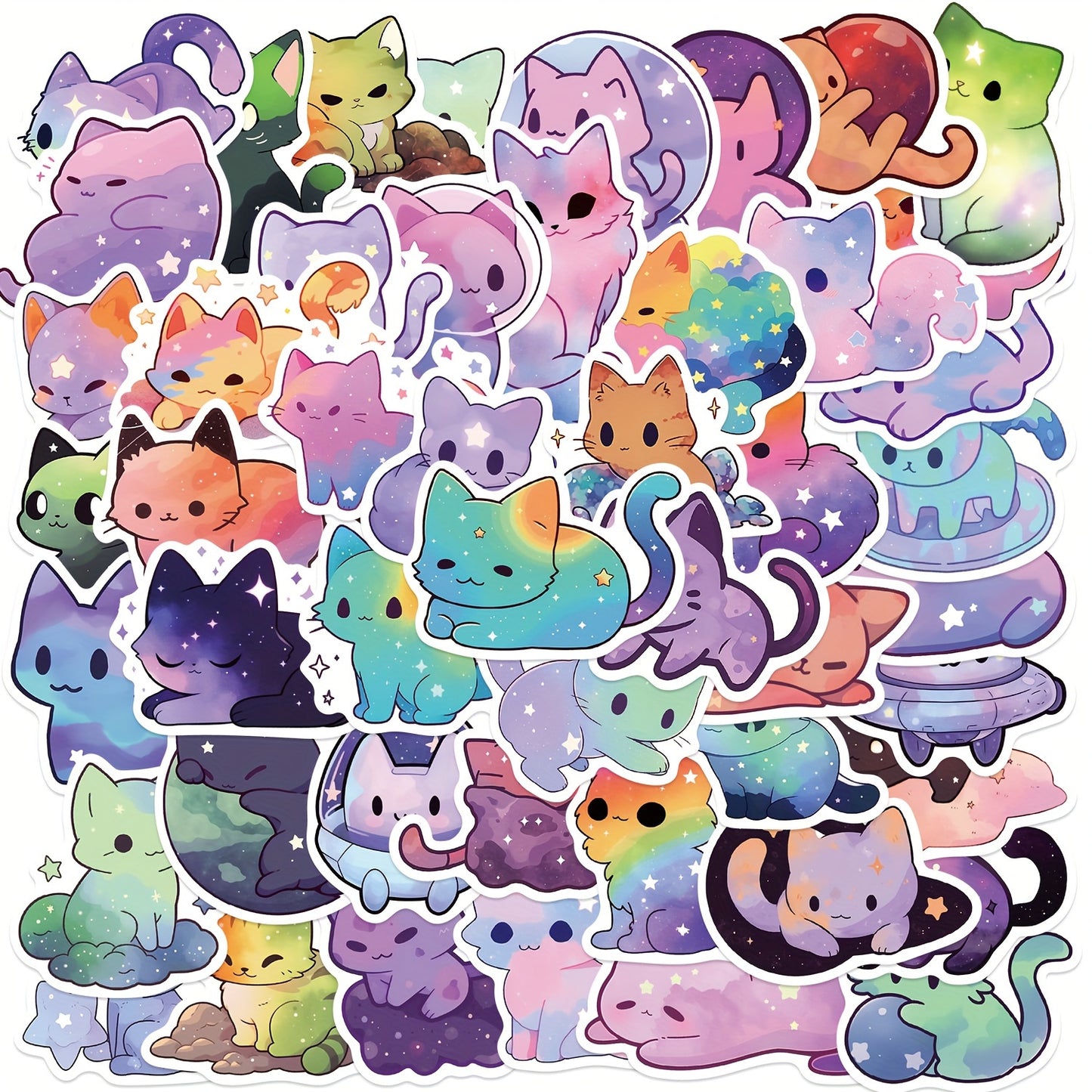 50pcs Vinyl Waterproof Colorful Starry Sky Cat Stickers for Scrapbook, Journaling, Laptop, Bumper, Skateboard, Water Bottles, Computer, Phone