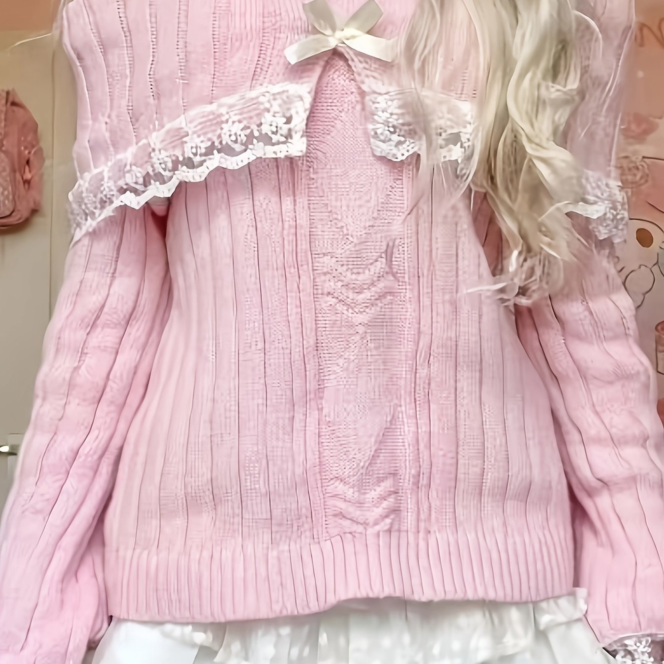 [Solid Color Slight Stretch Sweater] Cute Off the Shoulder Knitted Sweater, Long Sleeve Solid Color Pullover with Contrast Lace, Viscose Material, Slight Stretch, Regular Length, Fall/Winter Season