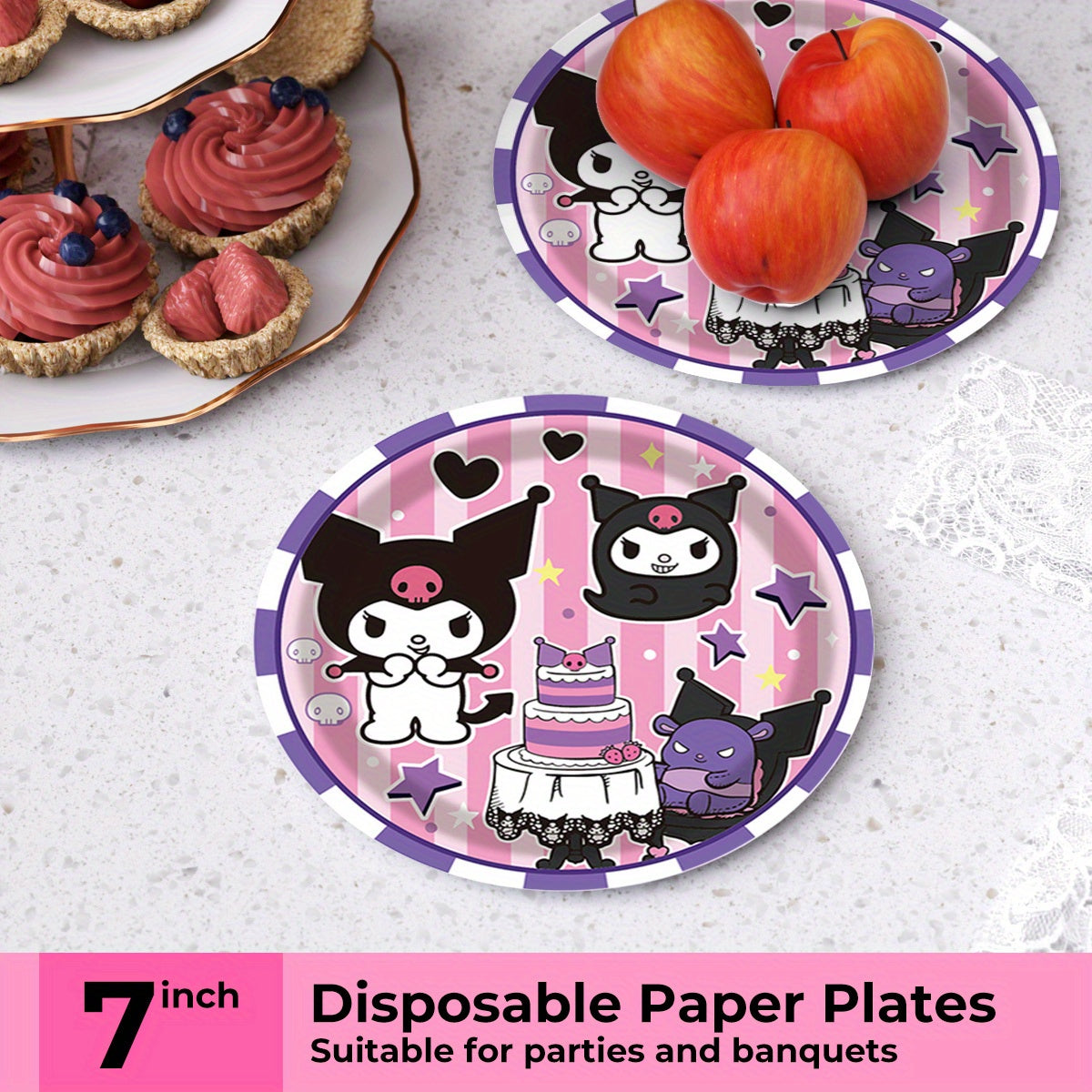 100pcs Kuromi Disposables Cutlery Sets Includes 20 Dinner Plates 20 Dessert Plates 20 Cups & 40 Paper Napkins, Disposable Party Dinnerware Set for Camping, Picnics, Yard BBQ, Party Supplies Set for Wedding Birthday Party