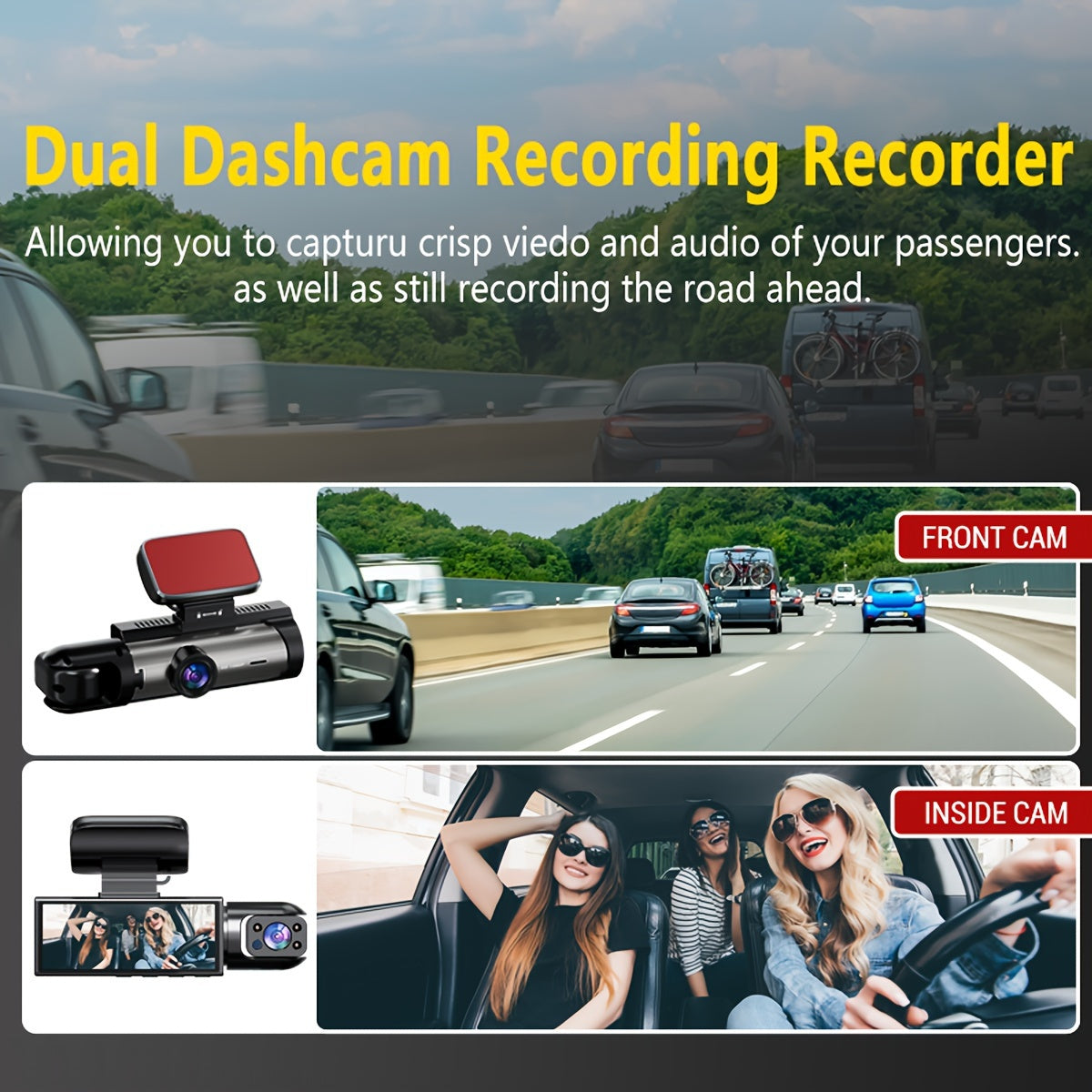 Dual Dash Cam A9, 3.16" Screen, 64G Included