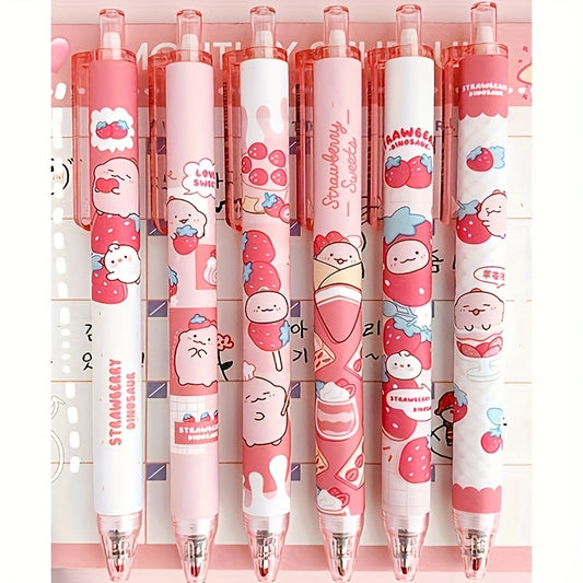 6-Pack Strawberry & Cream Patterned Ballpoint Pens, 0.5mm Fine Tip, Quick-Dry Black Ink | Playful Design with Adorable Strawberry Characters, Smooth Writing for Stationery & Gift Packaging (Random Colors), Strawberry Themed I