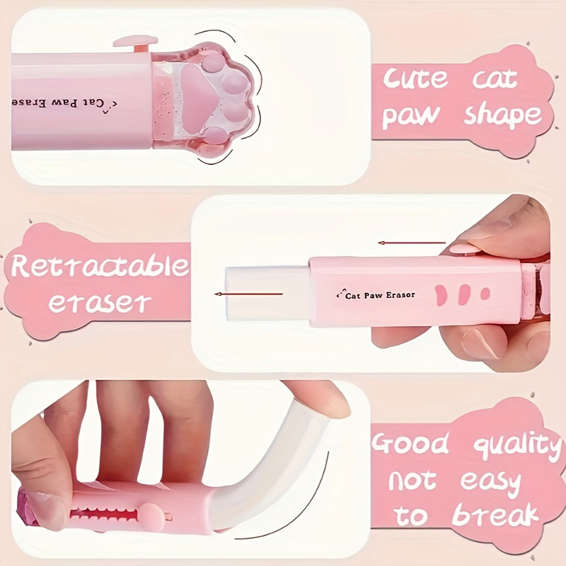 5-Pack Retractable Cartoon Cat Design Rubber Erasers, White Rubber Material, No Residue, Push and Pull, Ideal for Writing and Drawing, Funny Cat Themed Gift