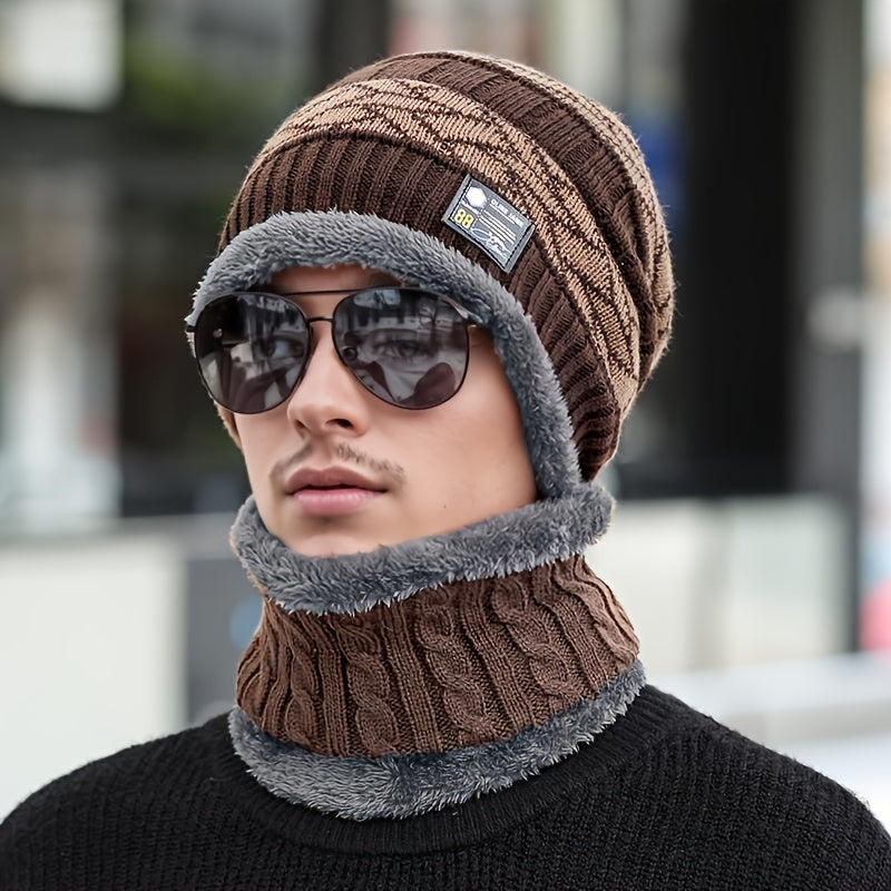 1 Piece Black Men's Winter Thick Warm Polyester Fiber Knitted Hat with Scarf