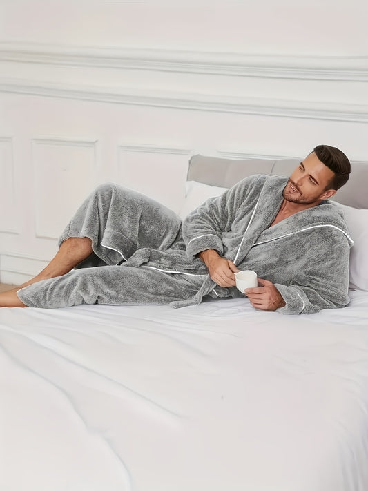 Luxurious Men's Black Fleece Bathrobe with Colour-Block Design. - Soft, Comfortable Long Sleeve Hooded Robe with Belt Detail, Machine Washable.