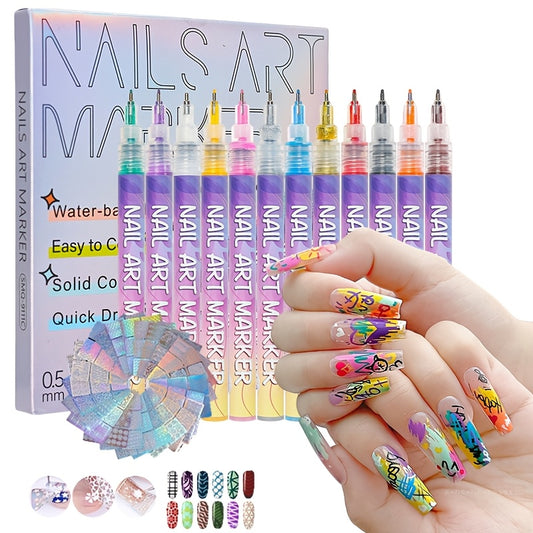 12 Colors 0.5mm 3D Nail Polish Pen + 24 Reusable Stencil Stickers Set Nail Art Pen Set.