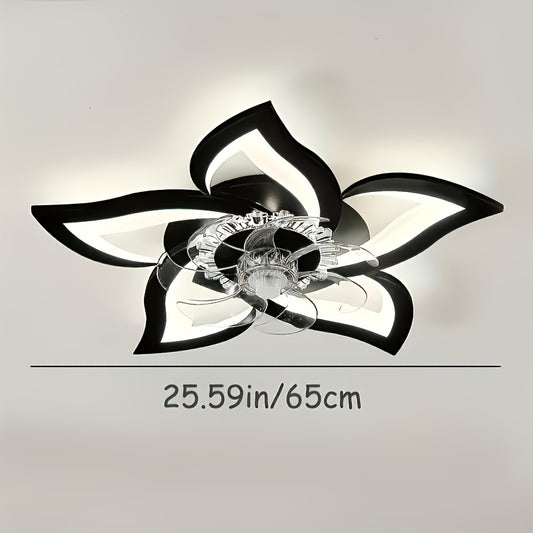 A 6-Speed Adjustable LED Ceiling Fan with Light, Semi-Flush Mount Installation, Featuring a Black And White Floral Design, Perfect for Dining Rooms. It Has Three Color Temperature Options And Comes with a Remote Control, Suit