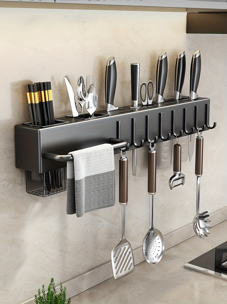 Space-Saving 1pc Multi-functional Metal and Plastic Wall-Mounted Kitchen Utensil Rack, No-Drill Cutlery Storage Shelf, Easy to Install Kitchen Organizer for Kitchen Tools and Accessories