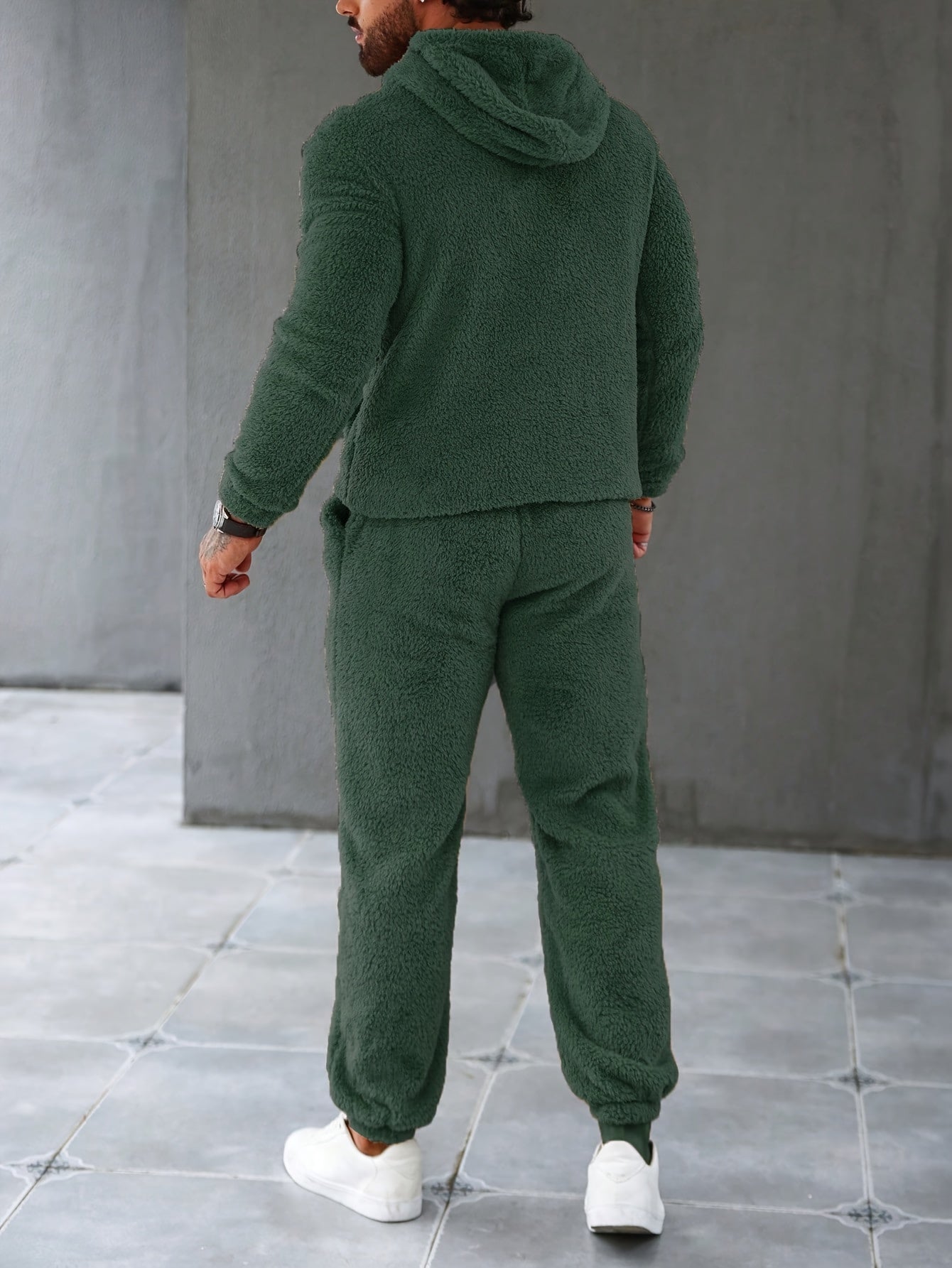 2Pcs Men's Fuzzy Fleece Casual Hoodies Long Sleeve Hooded Sweatshirt And Sweatpants Joggers Set For Winter Fall