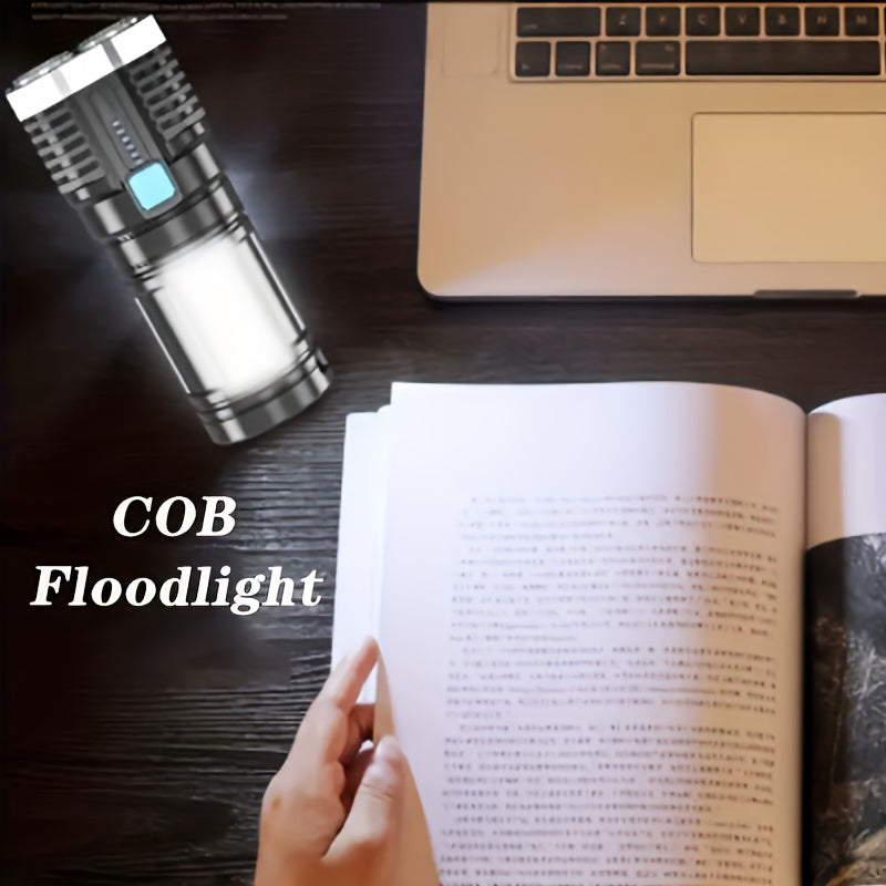 Super Bright 4 LED Tactical Flashlight with COB Side Lamp - USB Rechargeable, Metal Finish, 200 Lumens, 150m Range, ABS Material, No Laser, Rechargeable Battery, Tactical Flashlight|Modern Flashlight|Durable Construction, LED